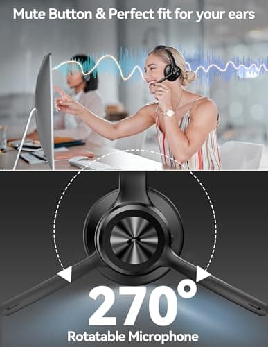 TECKNET Bluetooth Headset Wireless Headset with Microphone Noise Canceling, 50H Playtime & Mute, Wireless Headphones with Mic Bluetooth 5.2 On-Ear Headphones for Trucker Cellphone Office Call Center — view 4
