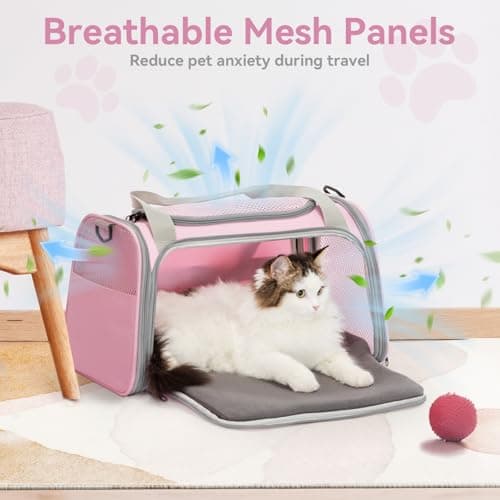 PETSFIT Soft Cat Carrier,Pink Pet Carrier with Extendable Fleece Mat, Puppy Carrier Airline Approved with Safety Leash for Travel Up to 5KG (44 * 26.5 * 27CM, Pink) — view 6