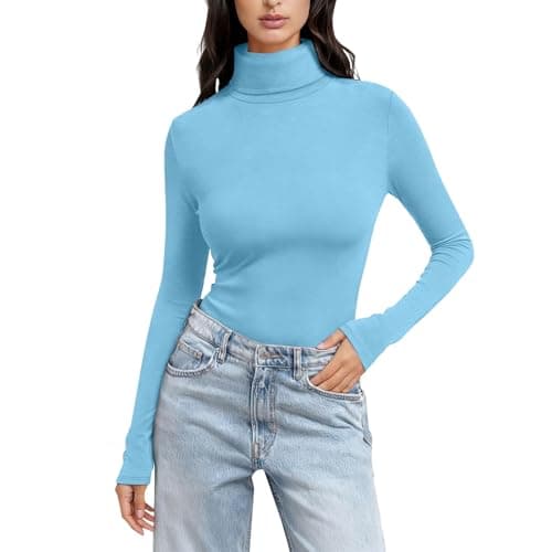 Long Sleeve Tshirt Women Thermal Polo Neck Soft Warm Slim Fit Plain Jumpers Base Layer Yoga Underwear Lightweight Stretch Basic Pullover Top Sports Tight Undershirt 2026 Sky Blue