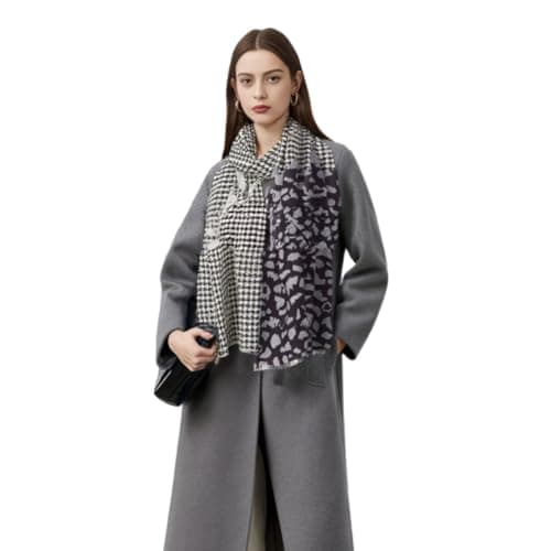 100% Wool Pashmina Blanket Travel Shawls Cashmere Wrap for Women Fall Winter Scarf, Thousand Bird Check + Leopard Graphite Color, 29"x78.7" — view 3