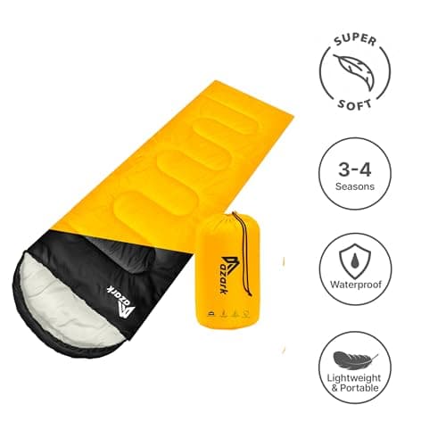 azark Premium Lightweight Sleeping Bag for Adults & Kids,400 GSM, 4 Season Waterproof Sleeping Bag, Comfortable & Portable, Machine Washable, Camping & Hiking Essential (Black/Mustard) — view 3
