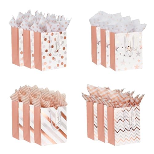 12 Pack 9" Gift Bags Medium Size with Tissue Paper, 4 Design Rose Gold Paper Gift Bags with Handles for Party Wedding Baby Shower Holiday Presents Small Business