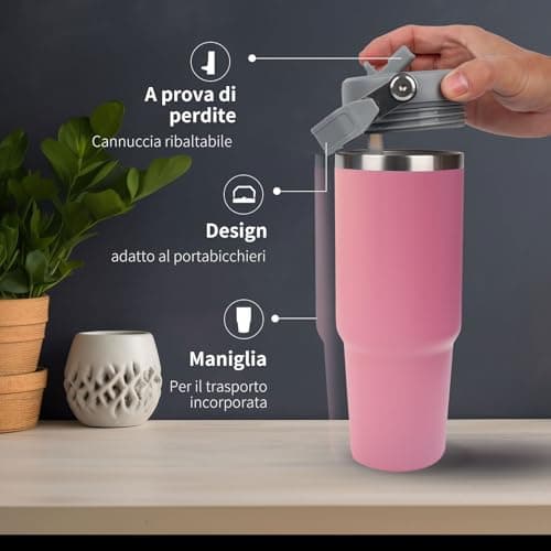 CherryKelly 20oz (550ml) Travel Mug with Handle, Travel Tumbler with Straw Lid, Stainless Steel Vacuum Insulated Coffee Cup, Double Wall Travel Flask Car Mug, Leak Proof Water Bottle - Pink — view 2