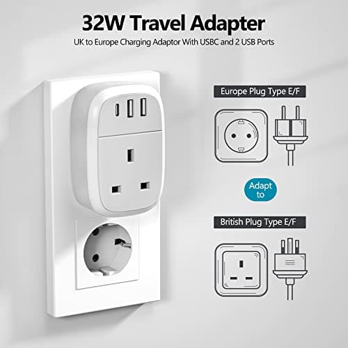 European Plug Adapter, UK to EU Euro Europe Schuko 32W USB C Fast Travel Charger Grounded USBC Adaptor Type C for Germany France Spain Turkey Greece Iceland Poland Russia Portugal Austria(Type E/F) — view 4