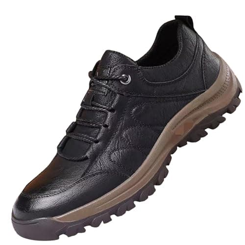 Mens Trekking Hiking Boots Leather Lace-up Non-Slip Mountain Climbing Walking Shoes Arch Support Travelling Sneaker Outdoor Stable & Cushioned Trainers Backpacking Camping Footwear (Black, 9)