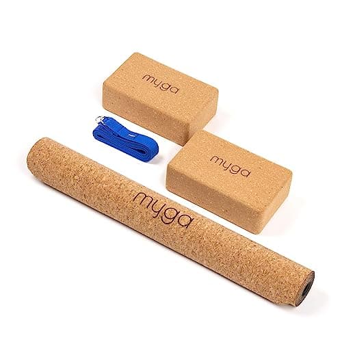 Myga Cork Yoga Starter Set - Cork Mat, 2 Blocks & Metal Strap for Hot Yoga, Pilates & Fitness - Royal Blue