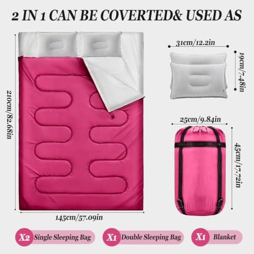 Sleeping Bag, Double Sleeping Bag with 2 Pillows Extra Large 3-4 Season Lightweight, Waterproof Indoor & Outdoor Use for Adults for Hiking, Backpacking and Camping Travel (Rose red Double) — view 2