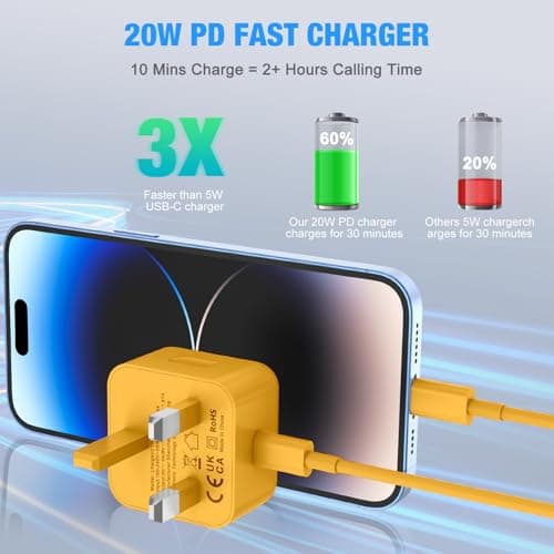 KTDRJN for iPhone Charger, 2Pack PD20W Fast Apple Charger 3.0A, iPhone charger fast charge with USB C To Lightning Cable 2M for iPhone 14 13 12 11 Pro Max XS XR X 8 7 6 Plus 5, iPad and iPod-Yellow — view 3