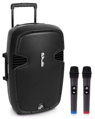 Pyle Portable PA System, Powerful Bluetooth Speaker with 2 Wireless Mics, 1600W, Trolley Handle & Wheels, Long Battery Life, Enhanced Audio for Karaoke, DJs, Events & Public Speaking