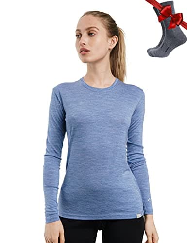 100% Merino Wool Base Layer Womens - Long Sleeve Thermal Shirts + Socks (Medium, 165 Deep Blue)