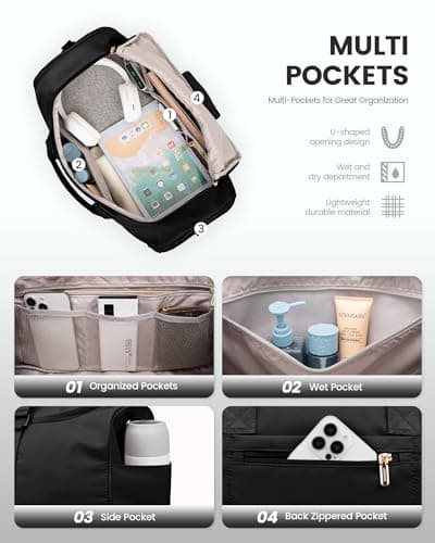 LOVEVOOK Travel Bags for Women, 50L Large Weekend Overnight Holdall Hospital Bags with Toiletry Bag, Shoe Compartment & Wet Pocket, Waterproof Cabin Carry On Hand Luggage for Travel Gym Sports, Black — view 3