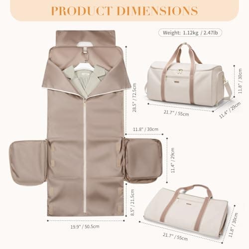 Garment Bags for Travel 2 in 1 Convertible Suit Travel Duffel Bag for Women, Carry On Weekend Overnight Bag with Shoulder Strap and Shoes Compartment for Weekend Trip and Business Trips (Creamy-White) — view 6
