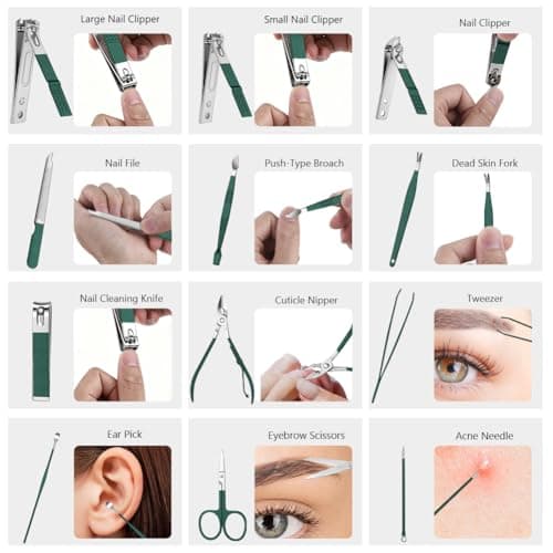 AYBUY Manicure Set, 12pcs Nail Clippers Pedicure Kit, Portable Nail Trimming set,Stainless Steel Grooming Tools with Fine Leather Case for Men Women Friends and Parents(Dark Green) — view 4