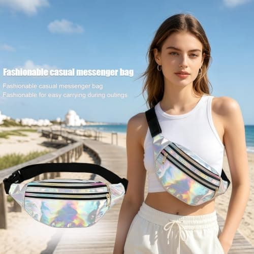 HUNUH Fashion Metallic Bum Bag, Waterproof Waist Bag with Adjustable Strap and Smooth Zip, Three Compartments Stylish Fanny Pack for Sports, Outdoor Travel, Party and Festival Unisex (Silvery) — view 4