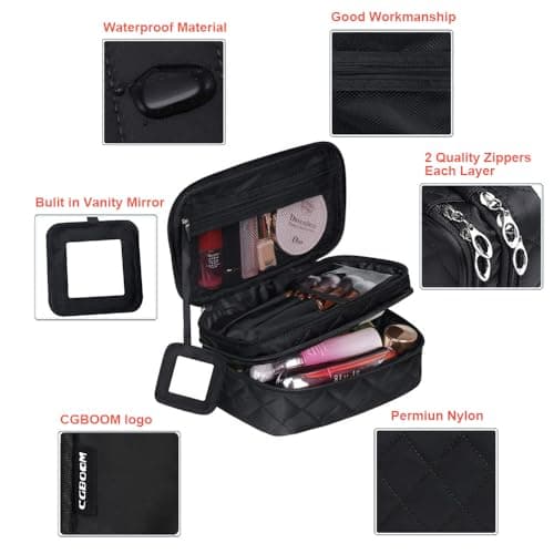 CGBOOM Make Up Bag Organiser for Women, Travel Cosmetic Bag Waterproof with Brush Compartment and Mirror, Portable Double Layers Large Capacity Make up Case — view 3