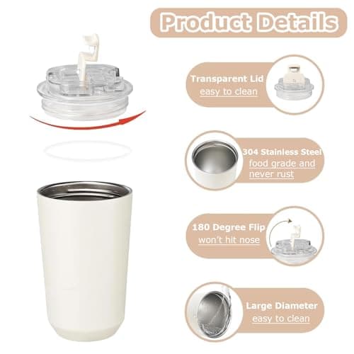 chenqi 380ml Insulated Coffee Cup with Leakproof Lid,Reusable Double Walled Coffee Mug,Stainless Steel Thermal Cup for Hot Cold Drinks (Beige) — view 3