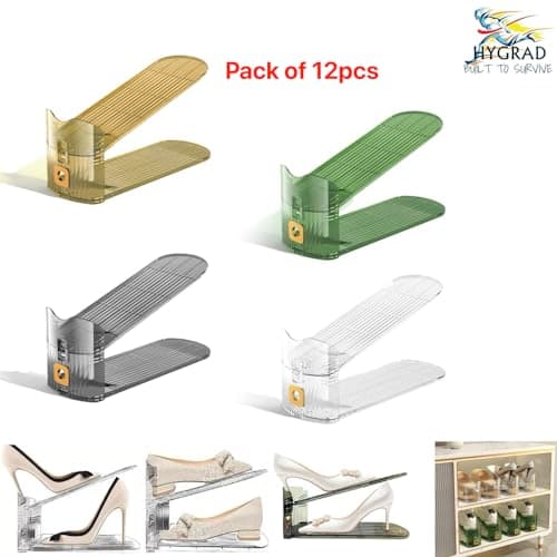 Pack of 12 Pcs Acrylic Shoe Slot Organiser Storage with Size 25.4x9.5x7cm- Adjustable 3-Level Height - Non-Slip Space Saver Shoe Storage Organiser- Shoe Stacker for All Shoe Styles (Gold) — view 3