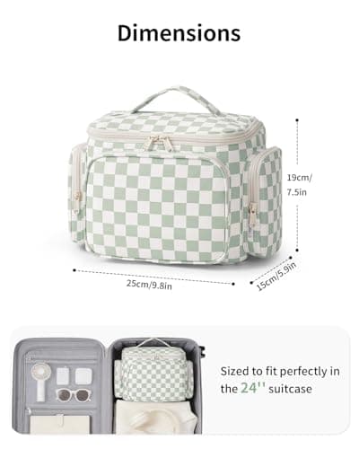 Narwey Wash Bag Women, Large Hanging Toiletry Bags for Women, Travel Bag for Full Size Toiletries, Large Capacity Makeup Cosmetic Bags with Wet Pocket for Travel Essentials (Mint Green Checkerboard) — view 5