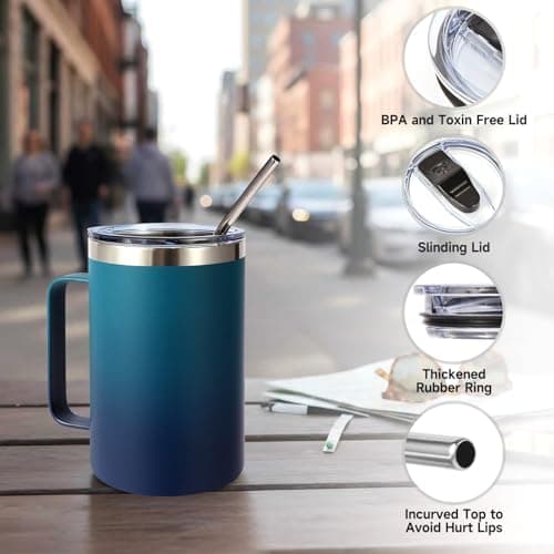 Volhoply 470ml (16oz) Insulated Coffee Mug with Lid and Straw, Stainless Steel Travel Mugs with Handle, Double Wall Vacuum Leak Proof Coffee Tumbler Cup (Dark Night,1) — view 6