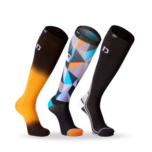 DAKY Compression Socks for Men Women - Athletic, Hiking, Walking, Running, Sports - Travel, Flight, Pregnancy Socks - 3 Pack (UK, Alpha, S, M, Regular, Regular, Elite, Orange, Skyline)