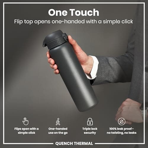 Ion8 Vacuum Insulated Stainless Steel 1 Litre Water Bottle, 920ml, Leak Proof, One-Finger Open, Secure Lock, Carry Handle, Dishwasher Safe, Scratch Resistant, Ideal for Sports and Yoga, Grey — view 3