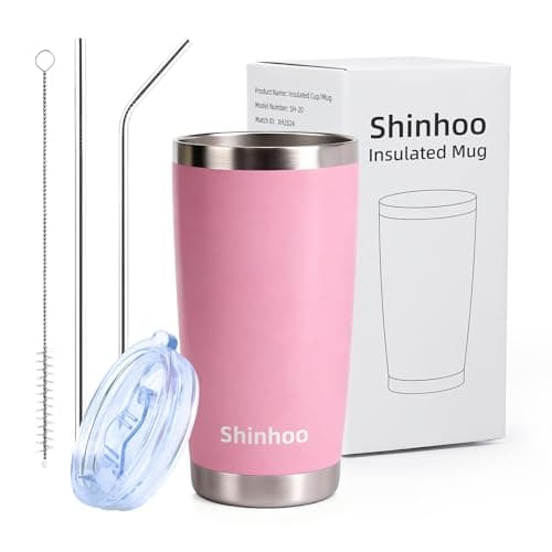 Shinhoo 20oz/ 550ml Insulated Travel Mug Reusable Coffee Cup Tumbler with Straw and Lid for Hot Cold Drinks (Pink)