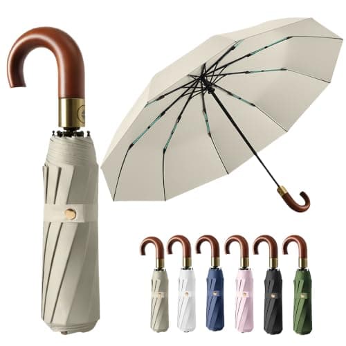Luxurious Travel Folding Umbrella with Crook Real Wooden J Handle for Men/Portable /Automatic Open/Close Coating Layer Fabric Blocking/Rain Sun/Anti UPF 50 UV Protection 99.9%/Golf/Car Backpack