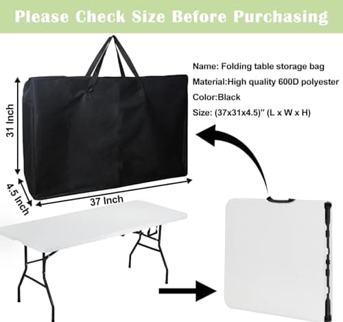 4/6/ 8 Foot Folding Table Storage Bag, Waterproof Heavy Duty Large Carrying Bag for Folding Tables, Picnic/Camp Tables Cover with Durable Zipper & Shoulder Strap, 31" D X 37" W X4.5 H, Black — view 2