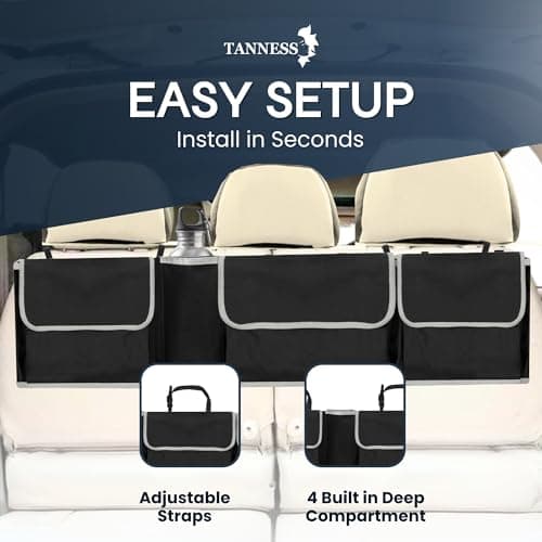 TANNESS Car Boot Seat Organiser with Adjustable Straps - Storage Accessories Organisers - Seat Back Protectors, Medium Large Interior Travel Storage, Foldable Cargo Net Car Backseat Cover Gadgets — view 4