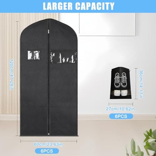 12Pcs Garment Bags for Hanging Clothes, 6Pcs Suit Covers (120x60cm) with Clear Window & Card Holder, 6Pcs Breathable Shoe Bags, Moth-Proof Non-Woven Clothes Protector for Suit, Coat, Dress — view 2
