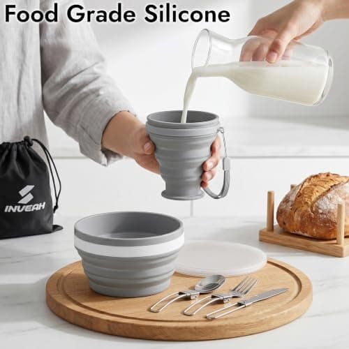 INVEAH Camping Plates and Bowls Set - 7 Pcs Foldable Travel Cutlery Utensils for Picnic Outdoor - Camping Mess Kit Include Stainless Steel Knife, Spoon, Fork Cutlery Set, Cup, Bowl, Plate with Bag — view 4