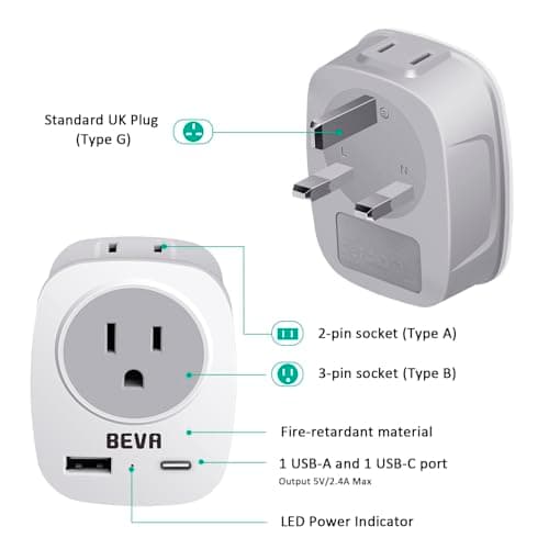 US to UK Plug Adapter, BEVA 2 Way USA to UK Travel Adapter with 2 USB Slots — view 2