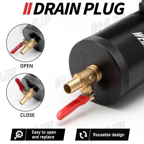 WENJTP Oil Catch Can Kit with 4 Adapters + Breather Filter Drain Valve Plug 2 Ports (1 oulet + 1 inlet) 150ml Universal Aluminum Baffled Oil Reservoir Tank Oil Separator HTRACING (Red) — view 5