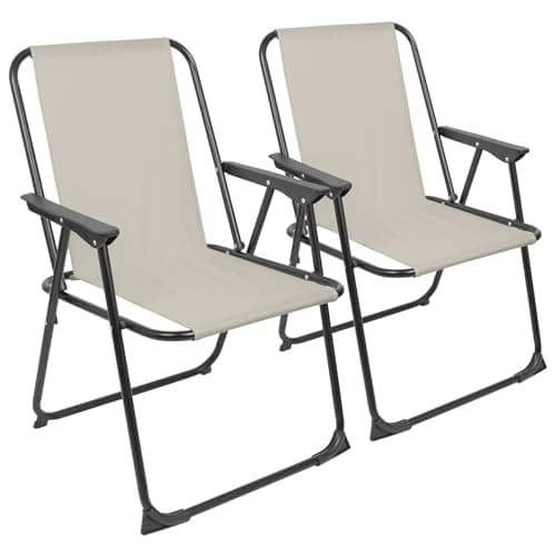 Harbour Housewares Folding Beach Chairs - Beige - Pack of 2 - Metal Outdoor Patio Seat Lightweight Portable Deck Chair for Picnic, Garden, Camping, Fishing
