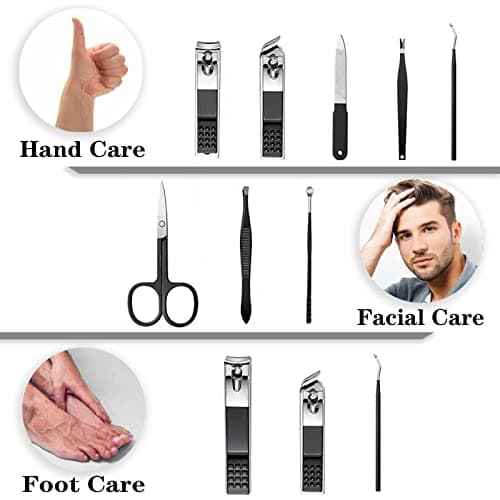 Nail Clippers Manicure Set | 9 In 1 Stainless Steel Professional Nail Care & Pedicure Kit With Zip | Nail Scissors Grooming Kit For Men Women Travel & Home Use Tools （Black） — view 3