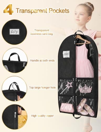 2PCS Costume Garment Bags for Dancers, Garment Bags with 5 Large Capacity Pocket, Foldable Clothes Covers for Suits, Travel & Sports Jersey, Cheer Uniform — view 5