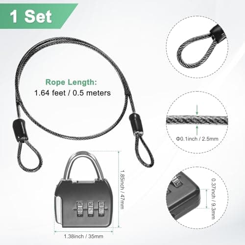 M METERXITY 1-Set Security Cable Lock with 3 Digit Combination Lock, 1.64FT PVC Coated Steel Luggage Lock Wire Rope for Luggage Suitcase/Outdoor Travel/Bike, Double Loop Cable [Black] — view 3