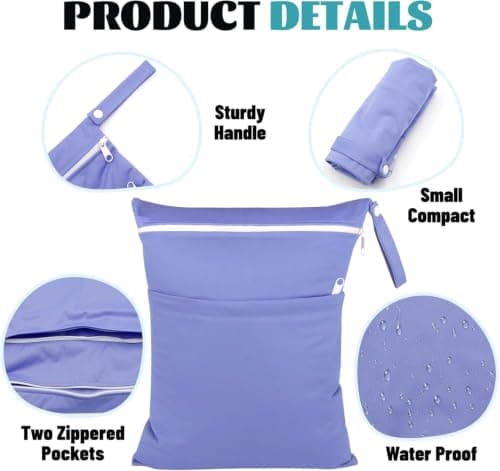 Yoolly 2 Packs Wet Bag, Waterproof Wet Dry Bags, Reusable Washable Cloth Diaper Bags, Nappy Bag with Double Zipper Pockets for Baby Items Swimming Camping Travel Beach Pool Bag (Blue+Purple) — view 3