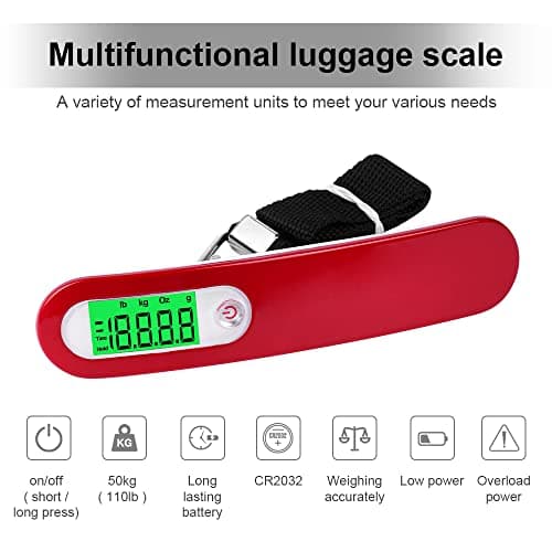 Flintronic Luggage Scales, Portable Suitcase Weighing Scales for Travel, Electronic Luggage Scale Hanging with Backlit & Tare Function, Weight Scale for Travel Shopping Luggage Bag-Red — view 3