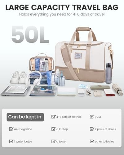 LOVEVOOK Travel Duffle Bags for Women, 50L Large Weekend Hospital Overnight Holdall with Toiletry Bag, Gym Yoga Bags with Shoe Compartment & Wet Pocket, Hand Luggage Bag for Flight Travel Sports — view 5