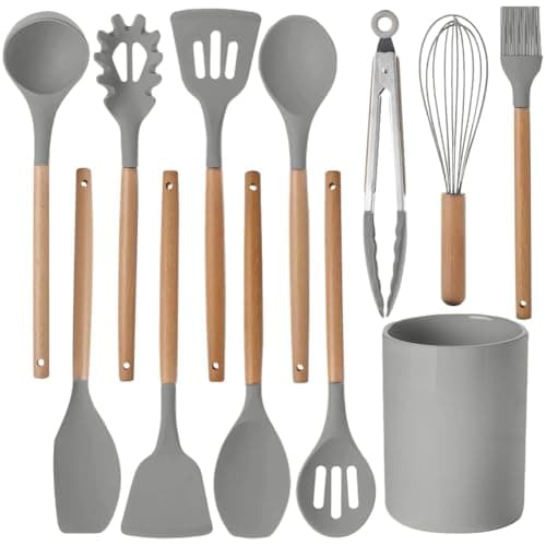 12 Pcs Kitchen Utensil Set, Silicone Cooking Utensils Set with Wooden Handle, Heat Resistant, Nonstick Cookware Tongs Spatula Spoon Set with Storage Bucket for Home, Camping, Dishwasher Safe (Grey)