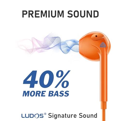 Ludos ZENITH Wired Earbuds in-Ear Headphones, 2 Year Warranty, Earphones with Microphone, Corded for 3.5mm Jack Ear Buds for iPhone, Samsung, Computer, Laptop, Kids, School Students, Woman - Orange — view 3