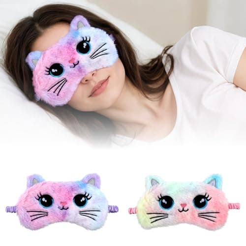 Wanmu 2pcs Sleep Mask Kids Colorful Fuffy Plush Eye Masks for Sleep Kids Soft Sleeping Eye Shade Cute Animal Night Blindfold Eye Cover for Women Men Girls Home Travel Nap Gift (Cat) — view 3