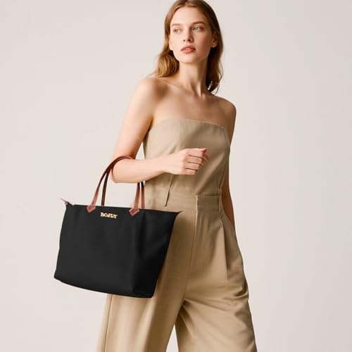 BOJLY Large Capacity Waterproof Tote Bag for Women - Foldable Reusable Shopping Bag for Travel, School & Work - Lightweight Packable Shoulder Bag, Black — view 6
