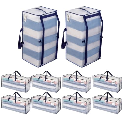 VENO 10 Pack Heavy-Duty Extra Large Moving Bags W/Backpack Straps, Moving House Essentials, Strong Handles & Zips, Clothes Storage, Packing, Laundry Bags, Reusable and Sustainable (Clear, 10 Pack)