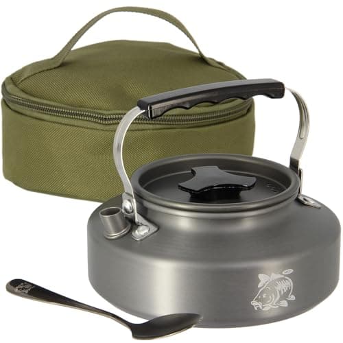 NGT 0.8L Aluminium Kettle Set – Lightweight Outdoor Camping & Fishing Kettle with Teaspoon Compact, Durable Anodised Aluminium for Bivvy, Backpack & Travel