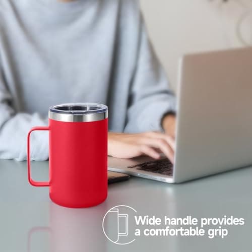 Volhoply 470ml (16oz) Insulated Coffee Mug with Lid and Straw, Stainless Steel Travel Mugs with Handle, Double Wall Vacuum Leak Proof Coffee Tumbler Cup (Red,1) — view 2