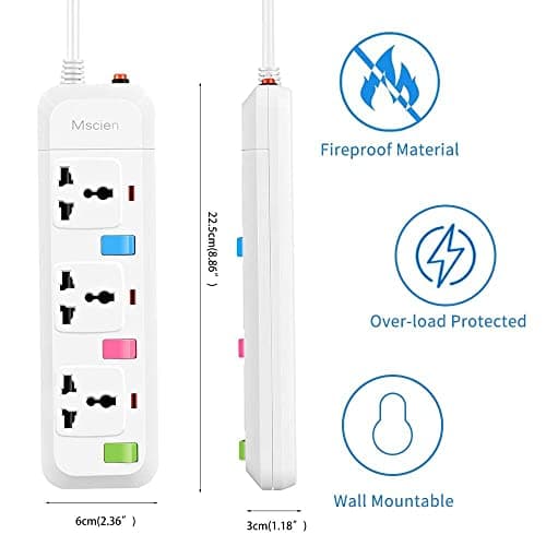 Mscien 3 Way Extension Lead, Travel 1.8M Extension Lead with 3 Individual Switches, UK to EU Mountable Overload Protection Power Strips — view 3