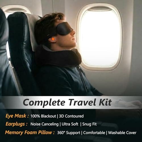 Memory Foam Comfort Travel Pillow for Airplane & Car，Adjustable Neck Pillow, Neck and Head Support Cushion with Ear Plugs, Eye Mask, Carry Bag, Compact Travel Essentials Gift for Adults (Black) — view 2