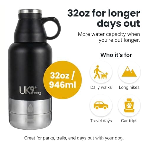 UK9 6-in-1 Dog Water Bottle | Portable 32oz Stainless Steel Travel Bottle with Water Bowl, Snack Bowl, Poo Bag Dispenser, Cup & Carry Bag | Dog Walking Accessories Kit — view 5